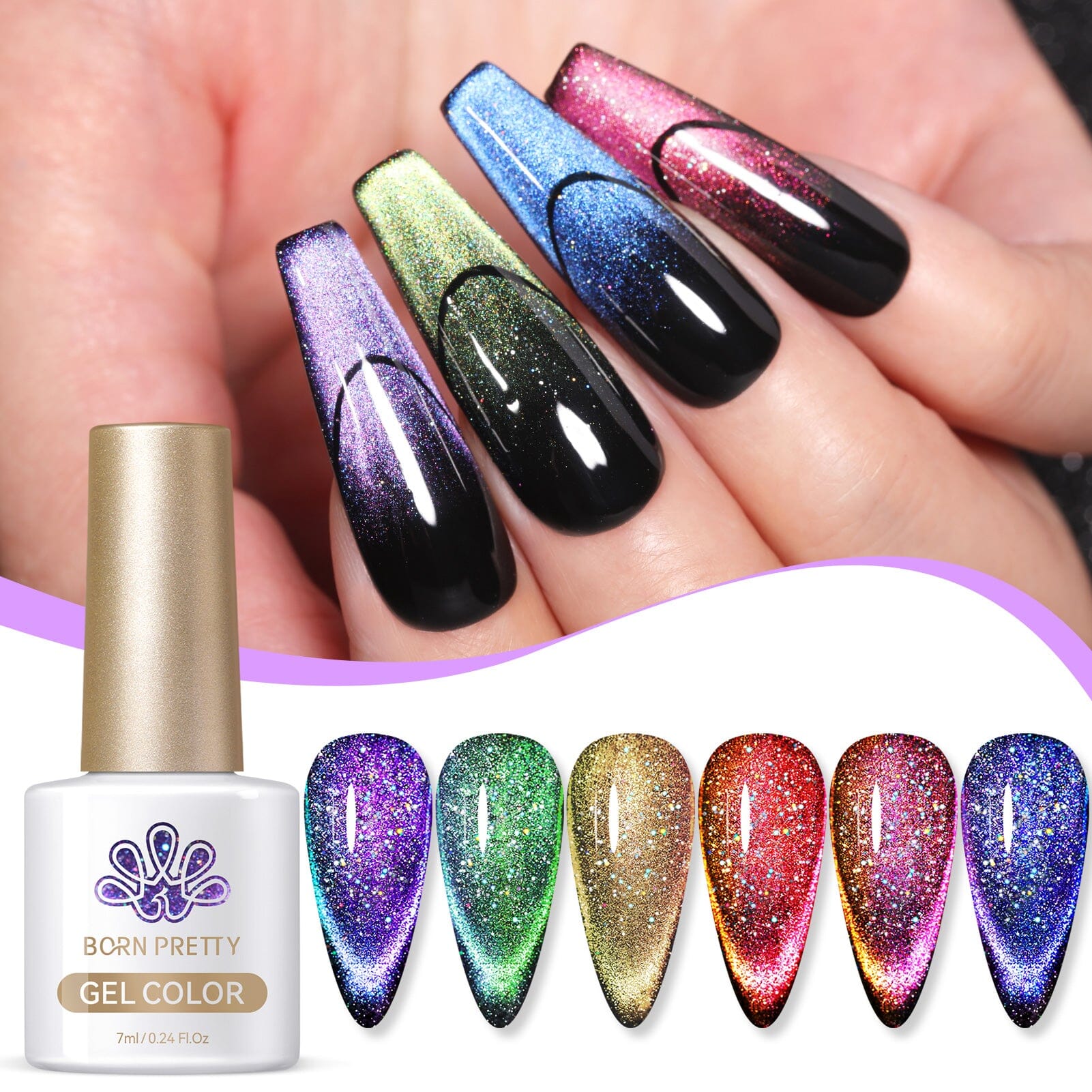 Born Pretty 9D holo reflective magnetic cat-eye gel polish set, 6 colors—swatches and black base manicure
