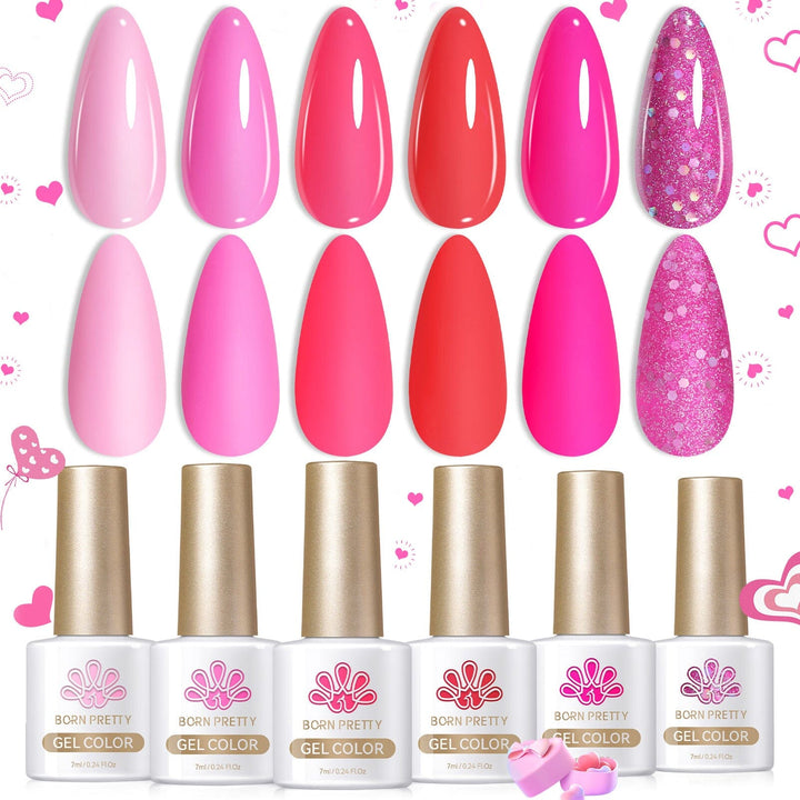 Born Pretty hot pink gel polish set—6 colors with glitter, glossy swatches and bottles for nail art