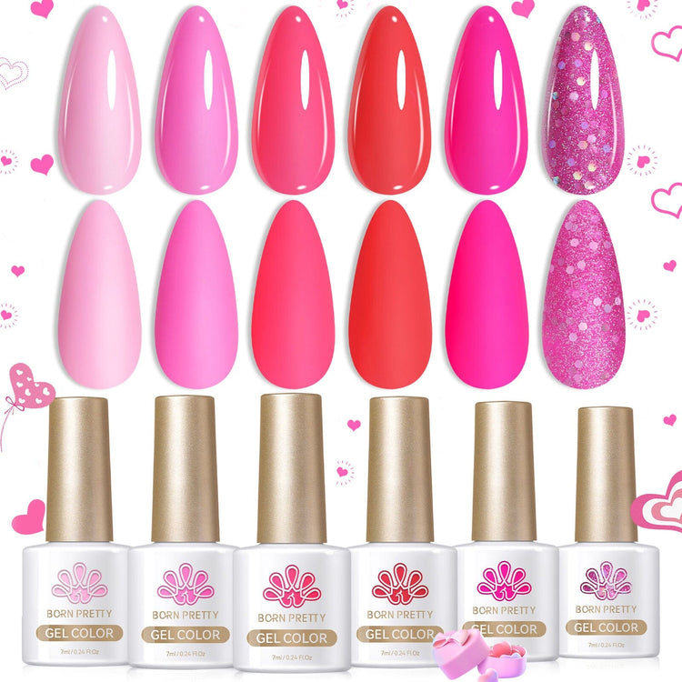 Born Pretty hot pink gel polish set—6 colors with glitter, glossy swatches and bottles for nail art