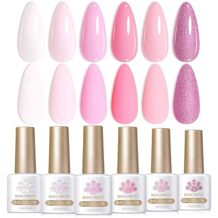 Born Pretty pink baby series gel polish set, 6 colors—soft pink and glitter swatches with bottles, UV/LED soak-off