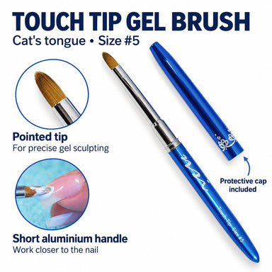 Size 5 cat’s tongue gel brush with pointed tip, blue aluminium handle and protective cap, shown applying white gel to a French tip.
