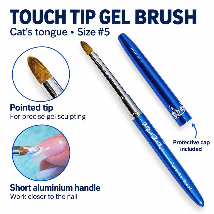 Size 5 cat’s tongue gel brush with pointed tip, blue aluminium handle and protective cap, shown applying white gel to a French tip.
