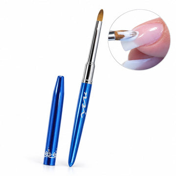 Size 5 cat’s tongue gel brush with blue metal handle and matching cap, shown applying white gel to a French tip.
