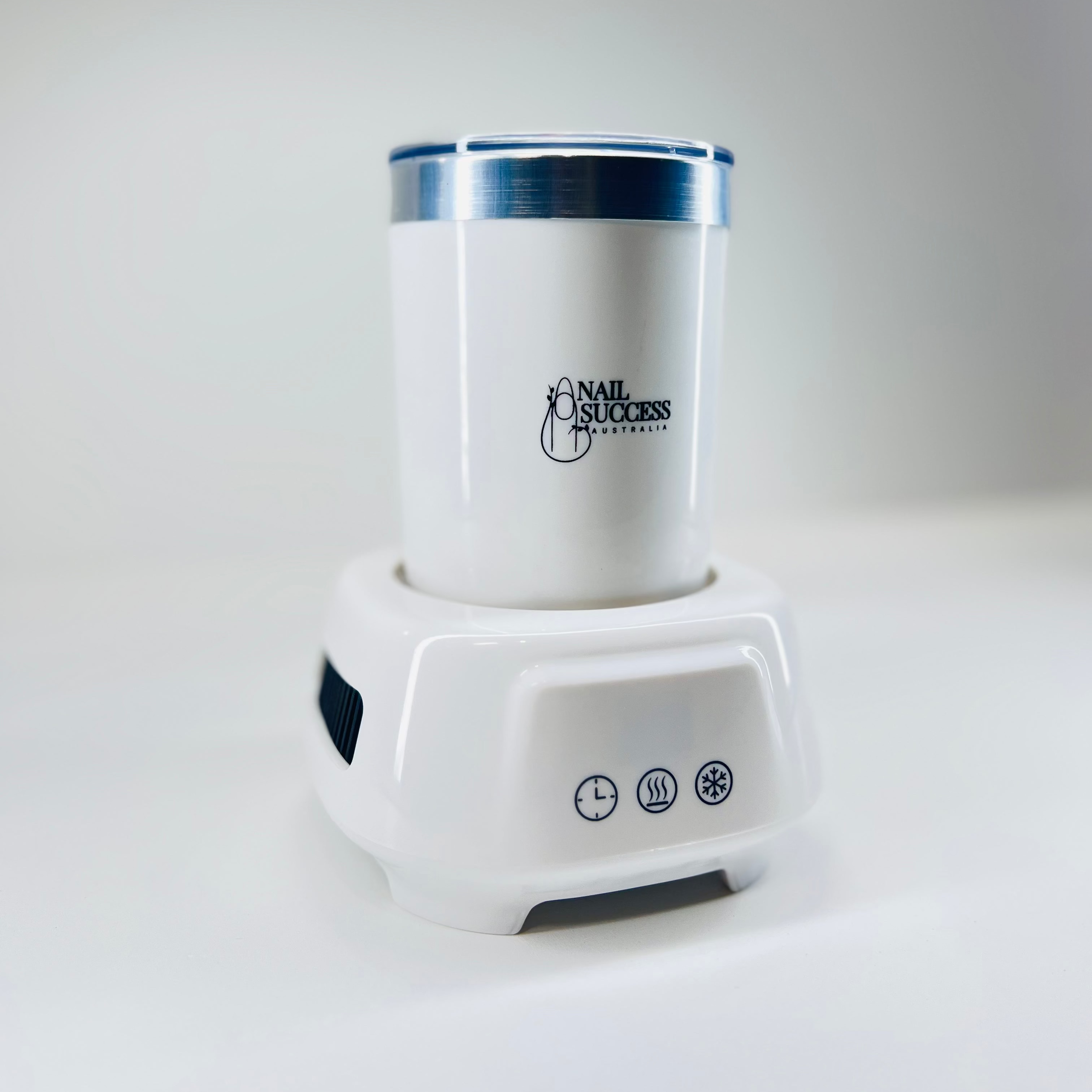 NSI Australia Gel Warmer & Cooler Pro—white dual-temperature plate for gel polish bottles with LED display (close-up)