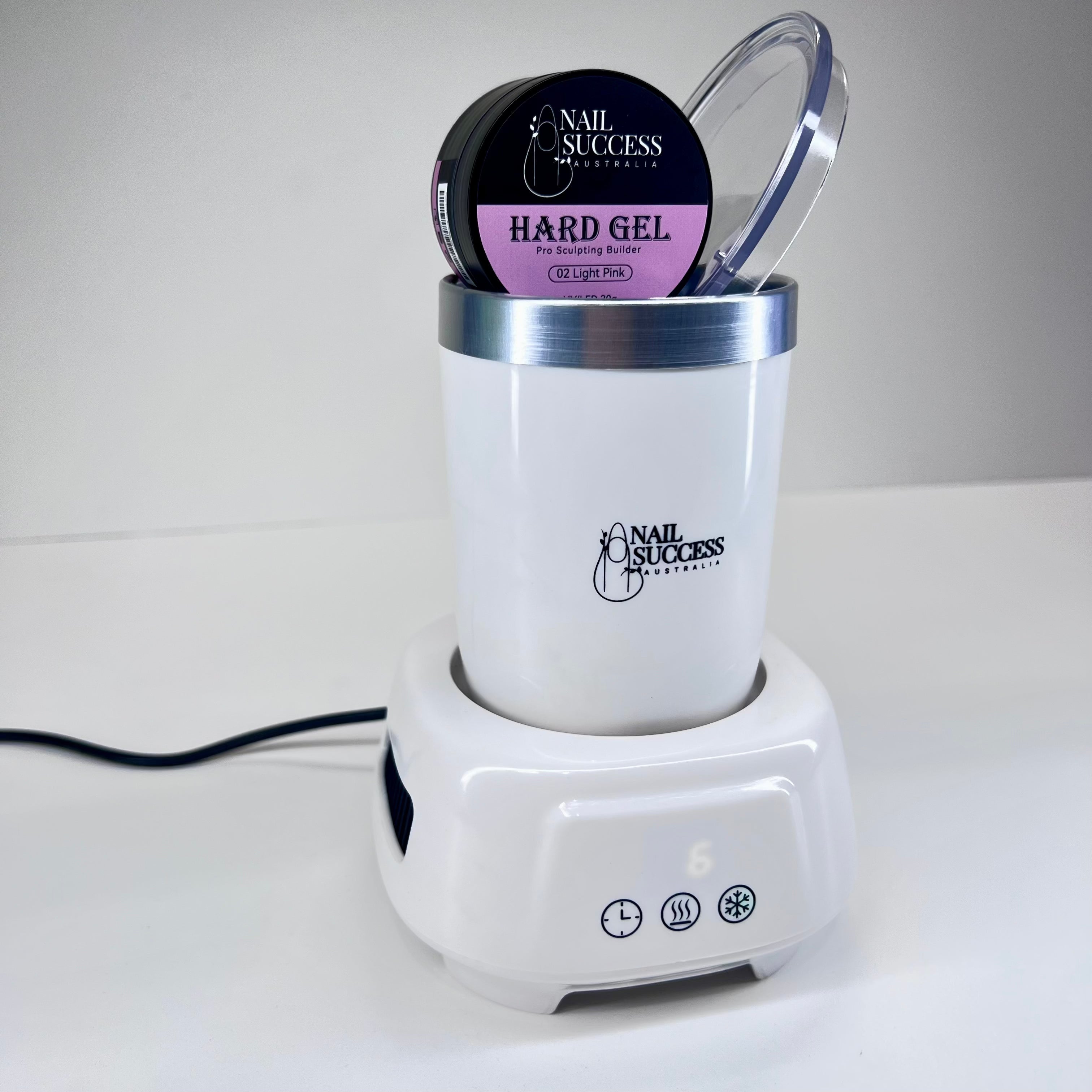 Nail Success Hard Gel Pot Warmer—aluminum cup heater for builder gels; shown with Hard Gel Pro Sculpting Builder 02 Light Pink jar