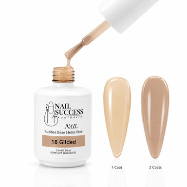 A bottle of Nail Success Australia 18 Gilded nail gel with a brush applying gel, shown next to two artificial nail tips demonstrating the color after one and two coats.