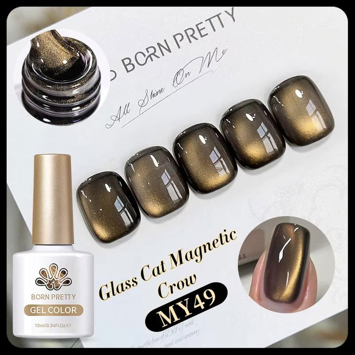 Born Pretty Glass Black Cat Eye magnetic gel polish – MY49 Crow, bronze-gold cat-eye effect swatches, 10ml UV/LED soak-off