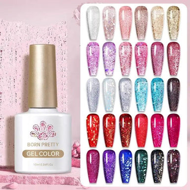 Born Pretty glitter gel polish 10ml bottle beside a chart of 30 glitter colours on nail tips