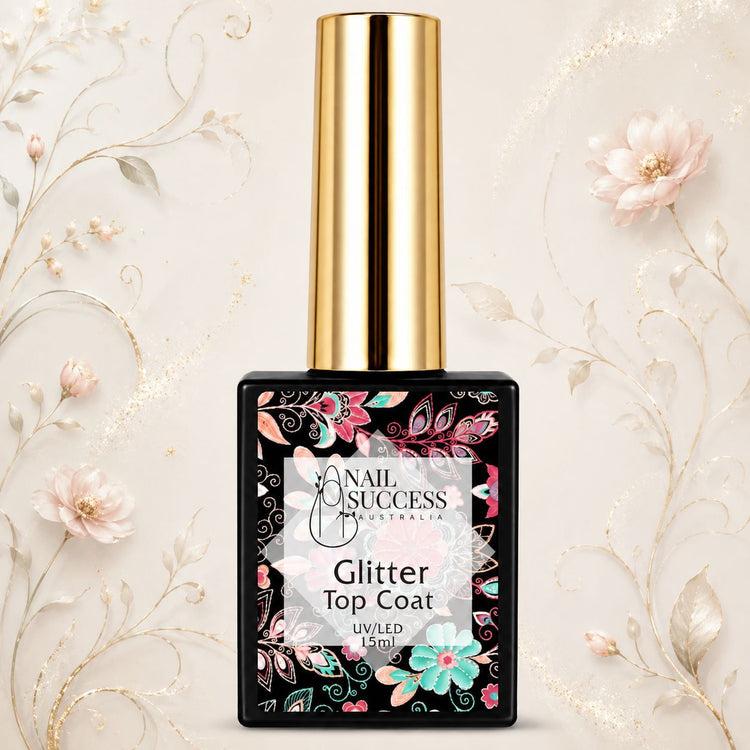 LED 15ml gel polish bottle with gold cap on elegant floral background