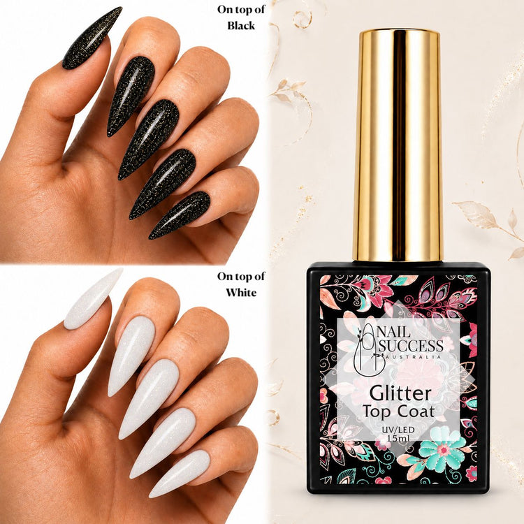 LED 15ml shown over black and white stiletto nails