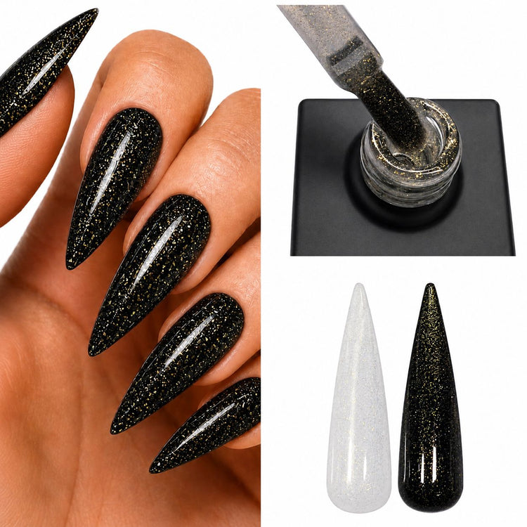 Black and gold glitter gel top coat shown on stiletto nails with brush application and nail swatches, NSI Australia