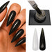 Black and gold glitter gel top coat shown on stiletto nails with brush application and nail swatches, NSI Australia