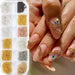 Gold and silver metal chain nail art decoration set with assorted chain colours and nude manicure design sample