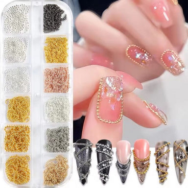Gold and silver metal chain nail art decoration set with assorted chain colours and rhinestone manicure samples