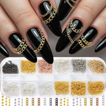 Gold and silver metal chain nail art decoration set with black manicure sample and assorted chain colours