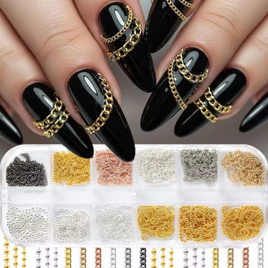 Gold and silver metal chain nail art decoration set with black manicure sample and assorted chain colours