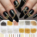 Gold and silver metal chain nail art decoration set with black manicure sample and assorted chain colours