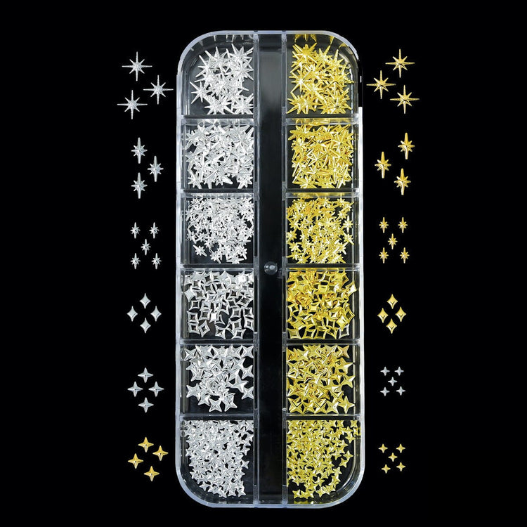 Gold and silver mixed star nail charms tray for 3D celestial nail art decorations and salon manicure designs