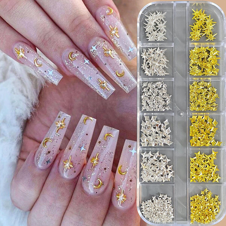 Gold and silver star and moon nail charms tray for 3D celestial nail art decorations and salon manicure designs
