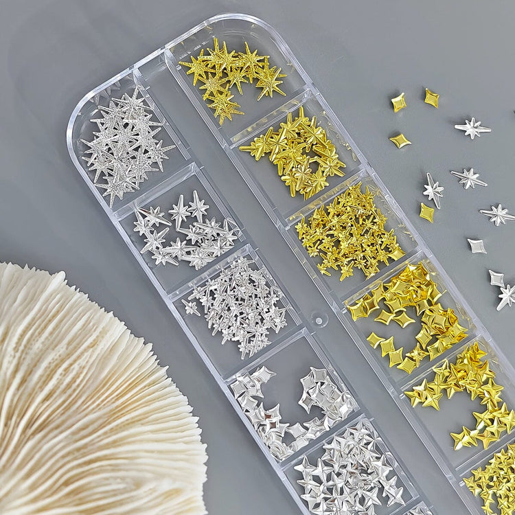 Gold and silver mixed star nail charms tray for 3D celestial nail art decorations and salon manicure designs
