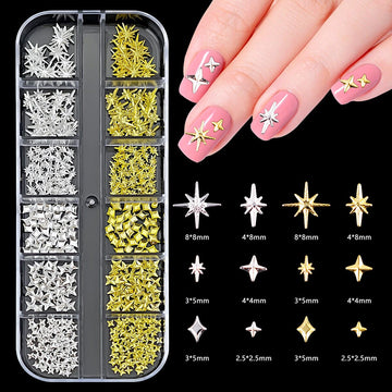 Gold and silver mixed star nail charms tray for 3D nail art decorations and salon manicure designs