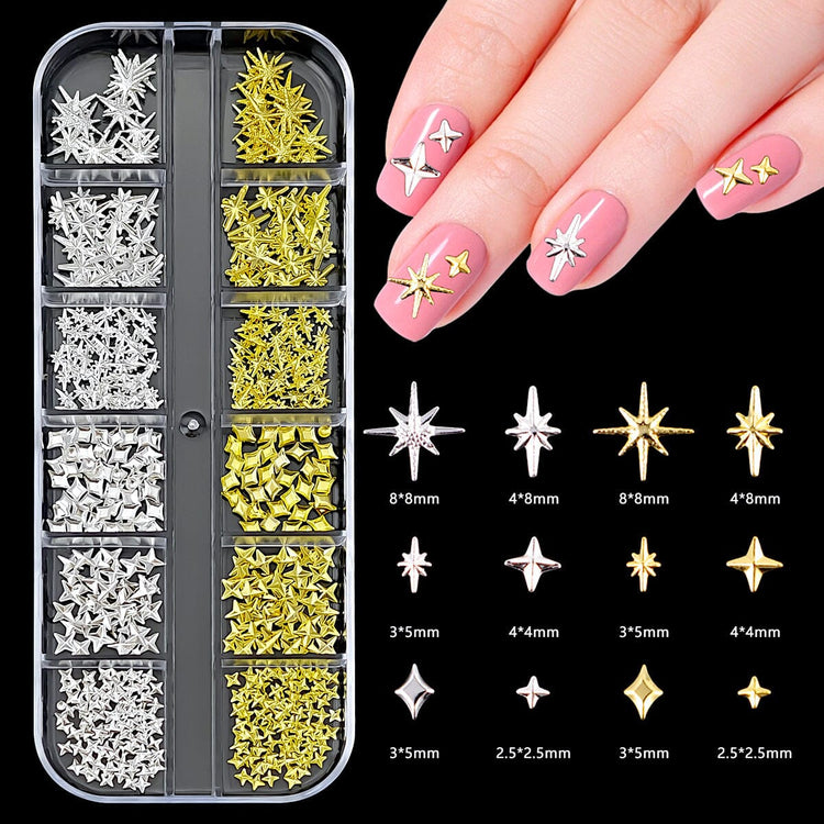 Gold and silver mixed star nail charms tray for 3D nail art decorations and salon manicure designs