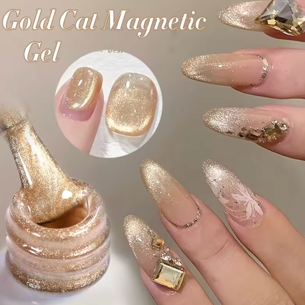 Born Pretty Gold Cat Eye Magnetic Gel Polish with shimmer nail art swatches and gel bottle