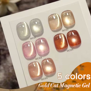 Born Pretty Gold Cat Eye Magnetic Gel swatch chart – 5 colors GC01, GC02, GC03, GC04, GC05 (silver, champagne gold, pink, peach, copper)