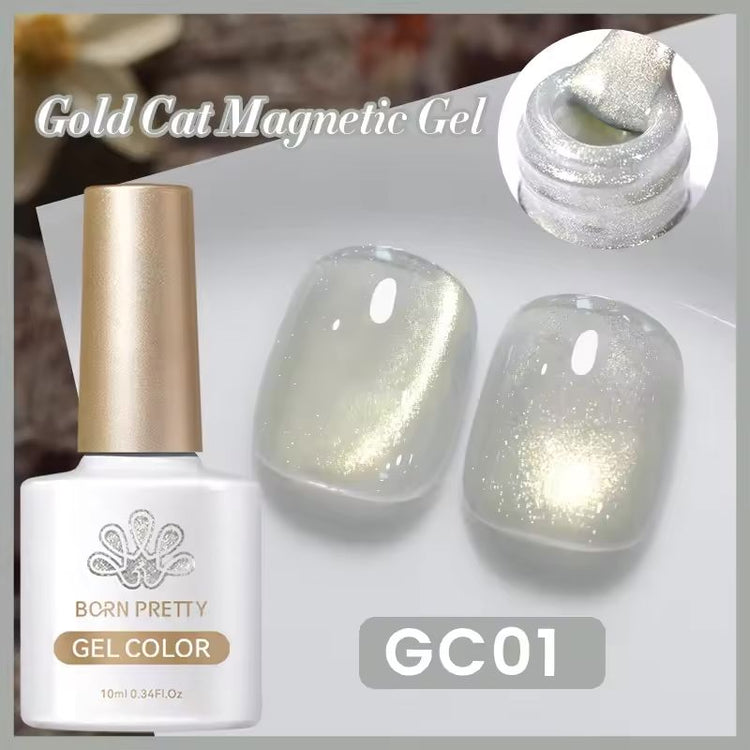 Born Pretty Gold Cat Eye Magnetic Gel Polish GC01, shimmering silver-white magnetic gel color bottle with cat eye effect nail swatch tips