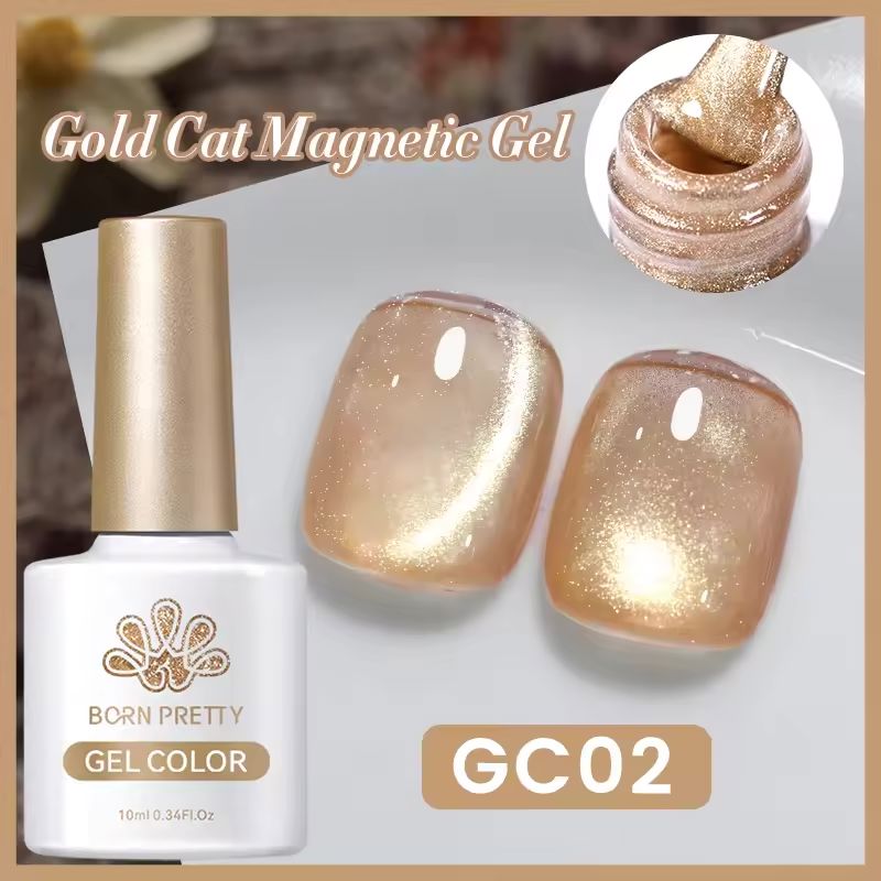 Born Pretty gold cat eye magnetic gel polish GC02, shimmer champagne nude gel color bottle with magnetic cat-eye effect nail swatches