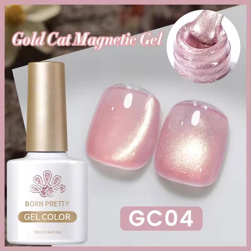 Born Pretty GC04 gold cat-eye magnetic gel polish, 10ml gel color bottle with pink shimmer magnetic nail swatches