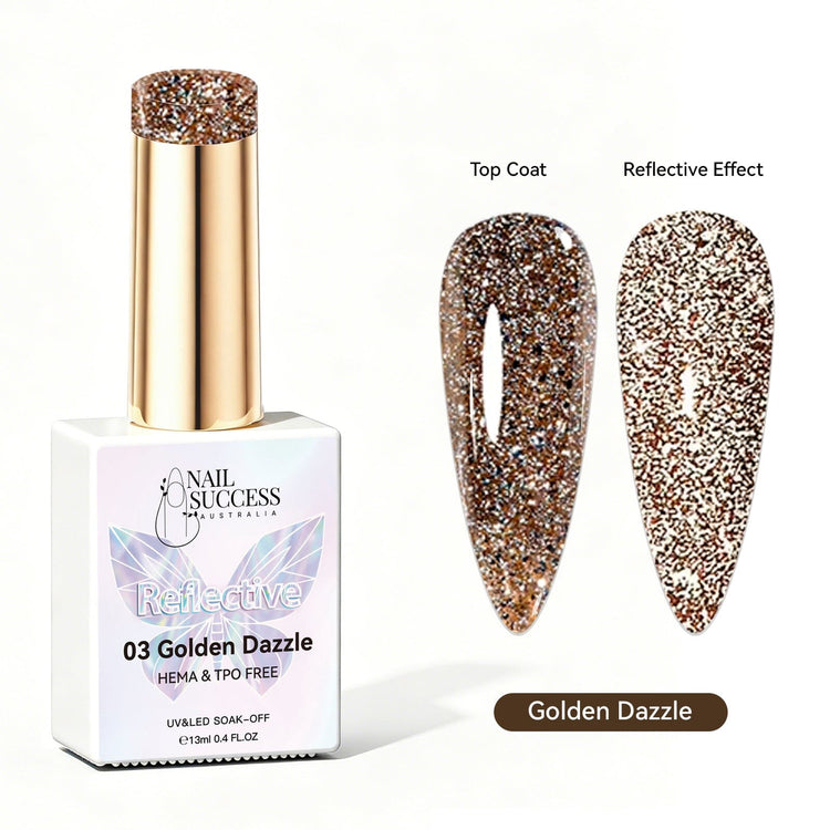 Nail Success Australia Golden Dazzle reflective glitter gel polish with top coat and reflective effect swatches