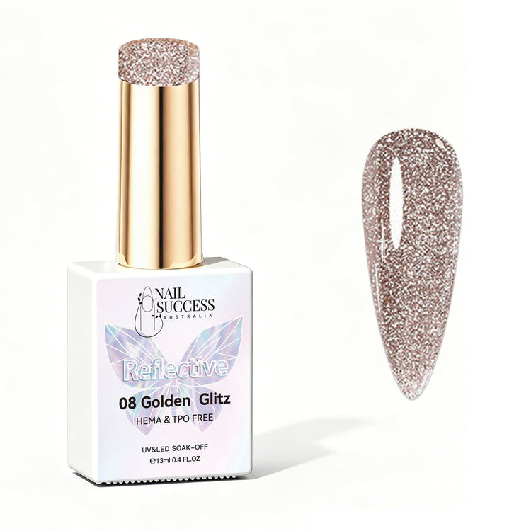Nail Success Australia Golden Glitz reflective glitter gel polish bottle with glossy gold nail colour swatch