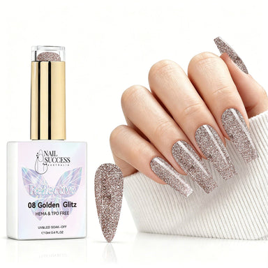 Golden Glitz reflective gel polish with champagne gold glitter swatch and matching manicure for HEMA and TPO free salon nails