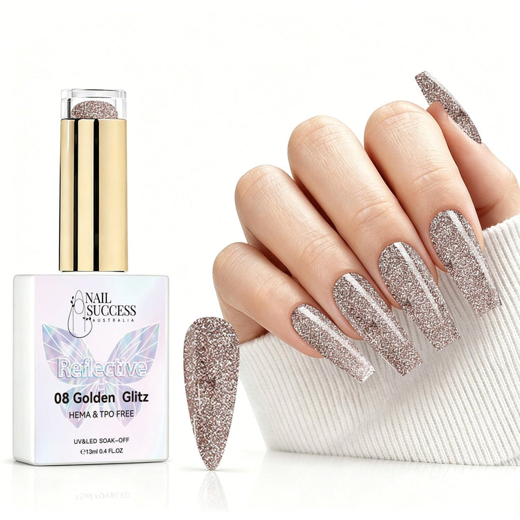 Golden Glitz reflective gel polish with champagne gold glitter swatch and matching manicure for HEMA and TPO free salon nails