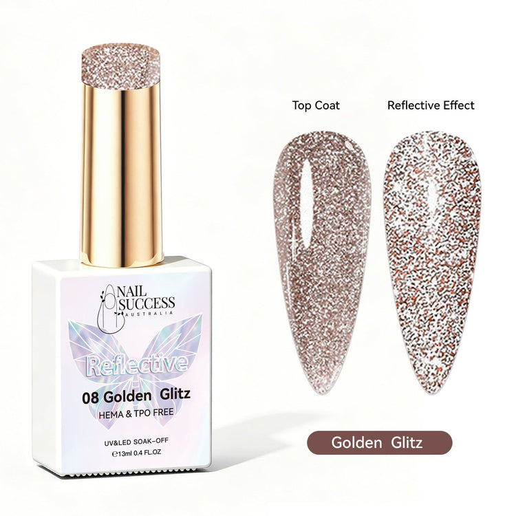 Nail Success Australia Golden Glitz reflective glitter gel polish with top coat and reflective effect swatches