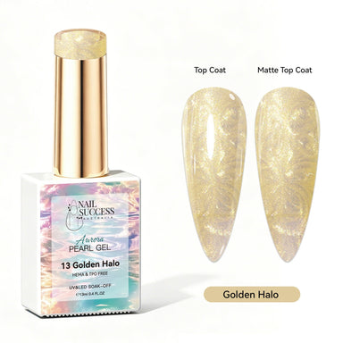Golden Halo Aurora Pearl Gel Polish with soft gold pearl shimmer swatches in top coat and matte finish