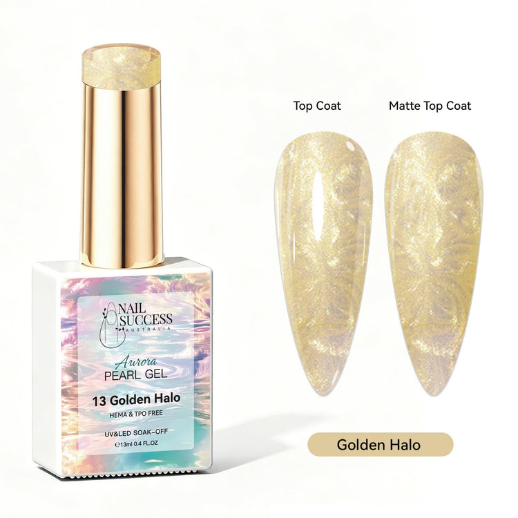 Golden Halo Aurora Pearl Gel Polish with soft gold pearl shimmer swatches in top coat and matte finish