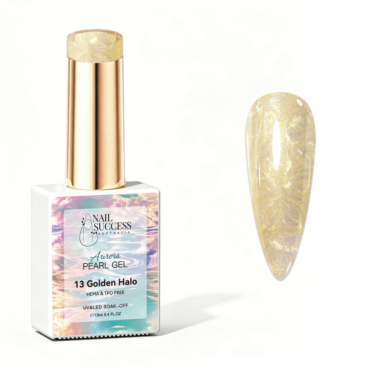 Golden Halo Aurora Pearl Gel Polish with soft gold pearl shimmer swatch and glossy nail finish