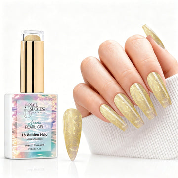 Golden Halo aurora pearl gel polish with soft gold pearl shimmer swatch and matching manicure for HEMA and TPO free salon nails