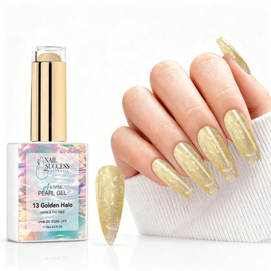 Golden Halo aurora pearl gel polish with soft gold pearl shimmer swatch and matching manicure for HEMA and TPO free salon nails