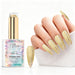 Golden Halo aurora pearl gel polish with soft gold pearl shimmer swatch and matching manicure for HEMA and TPO free salon nails