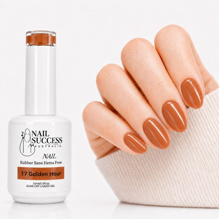 Golden Hour Rubber Base Gel - natural nail result on hand