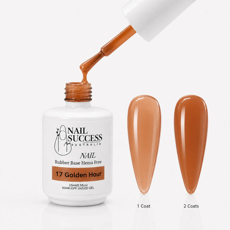 Golden Hour Rubber Base Gel - open bottle with brush and swatches