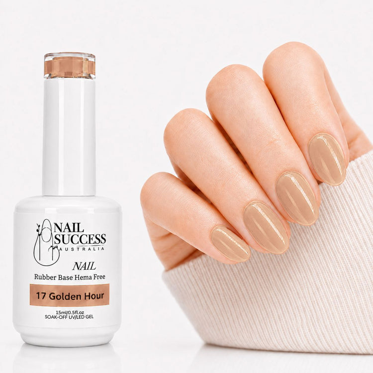 Golden Hour Rubber Base Gel - natural nail result on hand
