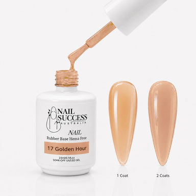 Golden Hour Rubber Base Gel - open bottle with brush and swatches