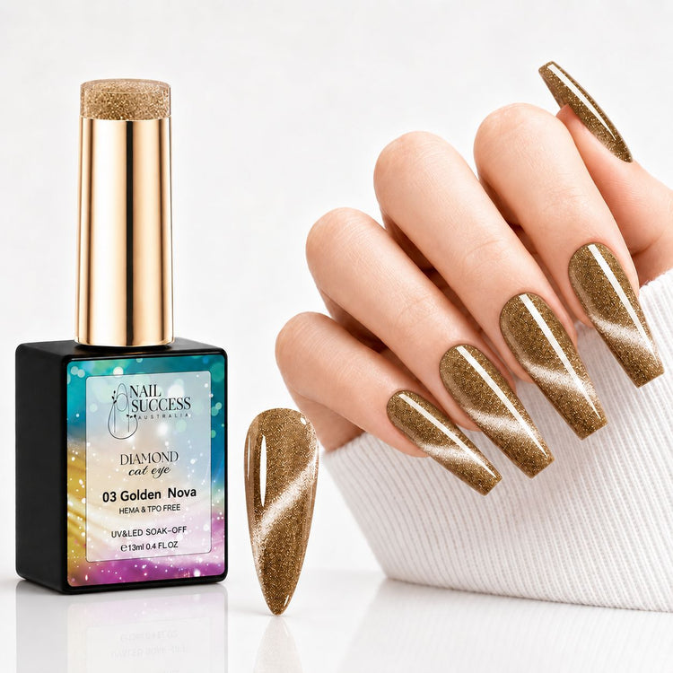 Golden Nova HEMA- and TPO-free Diamond Cat Eye Gel Polish with matching gold magnetic manicure and nail swatch – Nail Success Australia