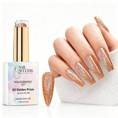 Golden Prism holographic gel polish with orange gold glitter swatch and matching manicure for HEMA and TPO free salon nails
