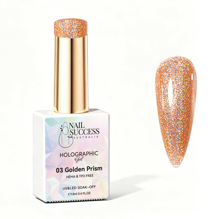 Nail Success Australia Golden Prism holographic gel polish bottle with glossy golden holographic nail colour swatch