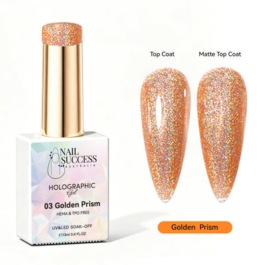 Nail Success Australia Golden Prism holographic gel polish with top coat and matte top coat swatches